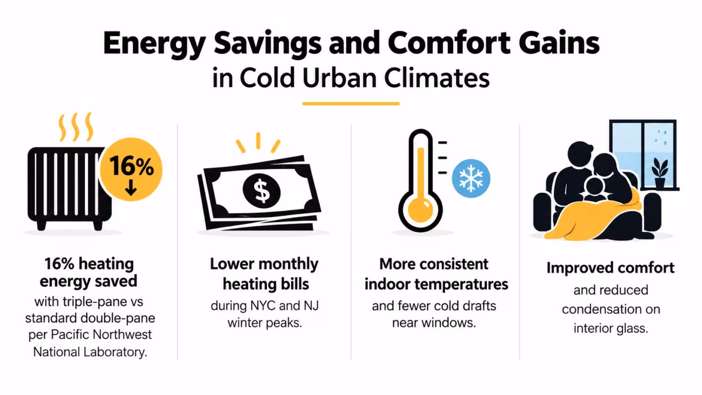 An infographic showing energy savings and comfort improvements from installing triple-pane windows in cold urban climates.