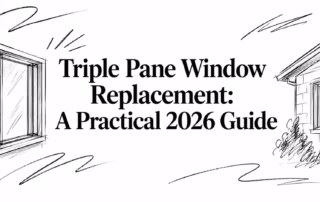 Hand-drawn window sketches frame the title “Triple Pane Window Replacement: A Practical 2026 Guide” for NYC homeowners.