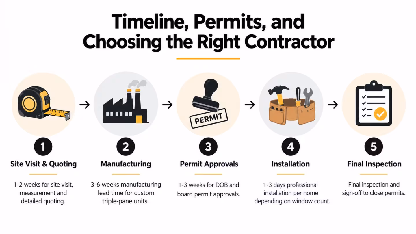 A five-step timeline infographic outlining the process for professional window replacement projects from inspection to installation.
