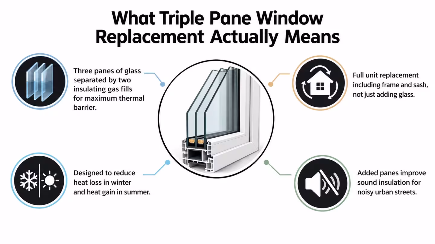 A diagram explaining triple pane window replacement featuring three glass panes and improved thermal and sound insulation benefits.